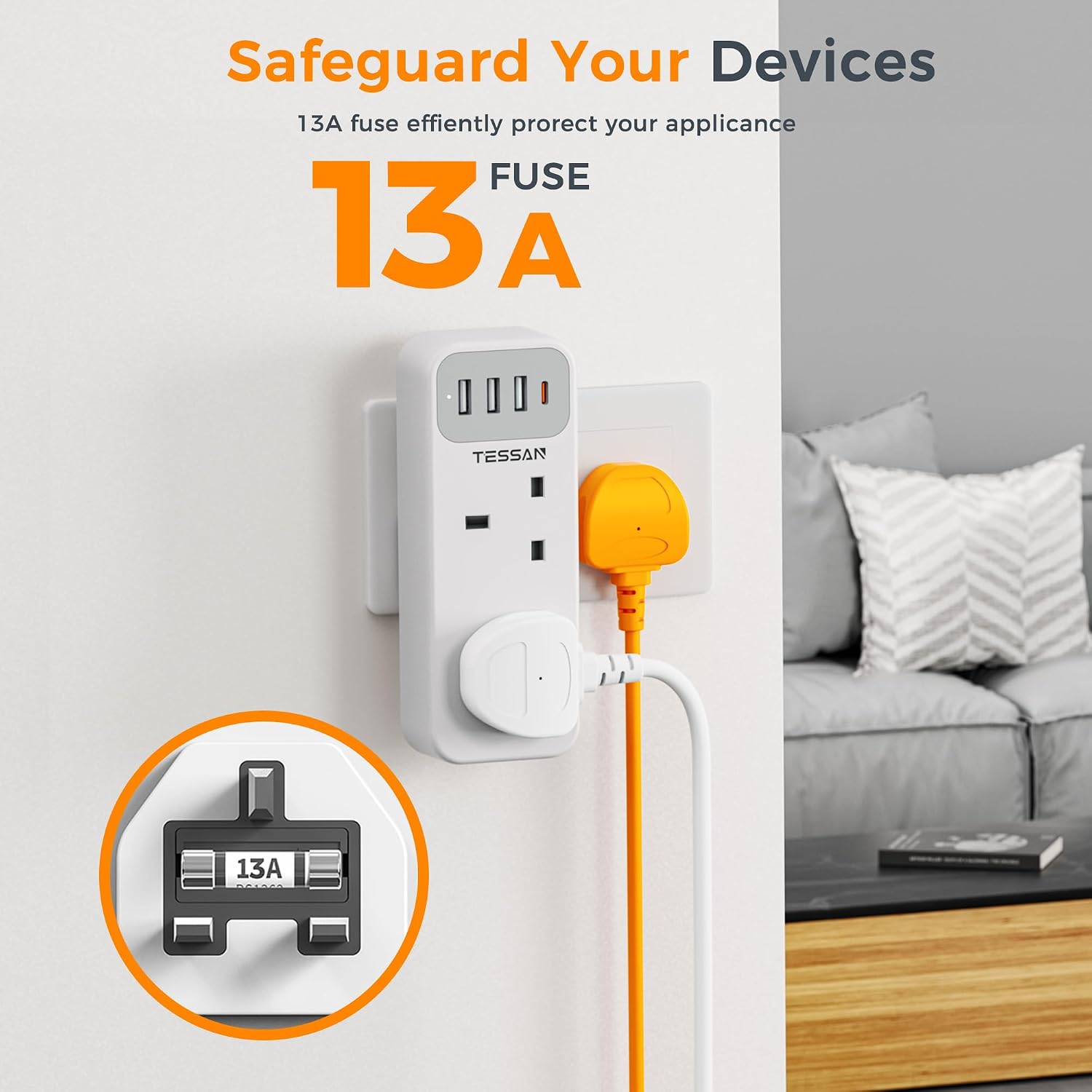 Thumbnail 4 de TESSAN Plug Adapter 13A with 3 USB-A & 1 USB-C đ