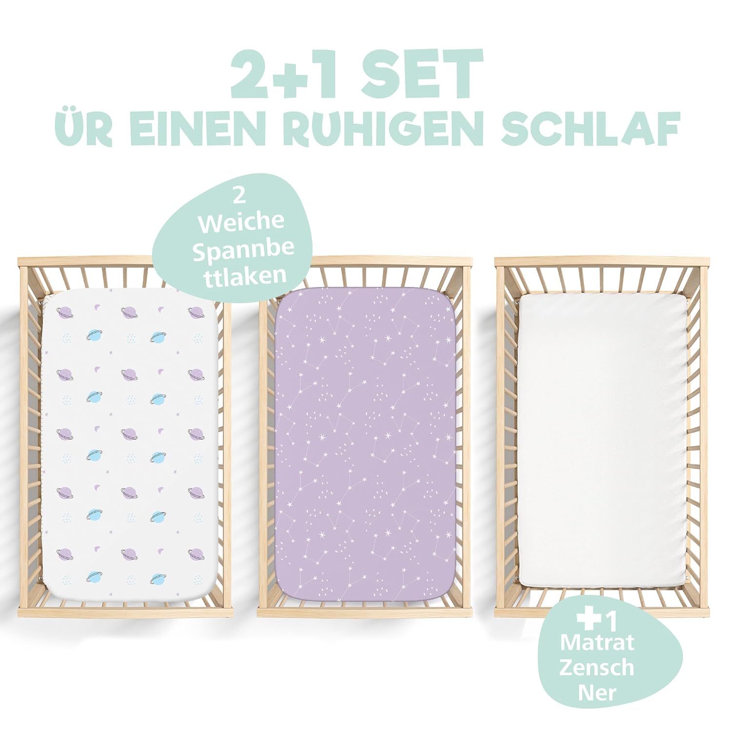 Detalle 2 de Weltraum2X Spannbettlaken 55x90 cm + Matratzenschoner 55x90 cm – 3er-Set, 100% Baumwolle, wasserdichter Bezug