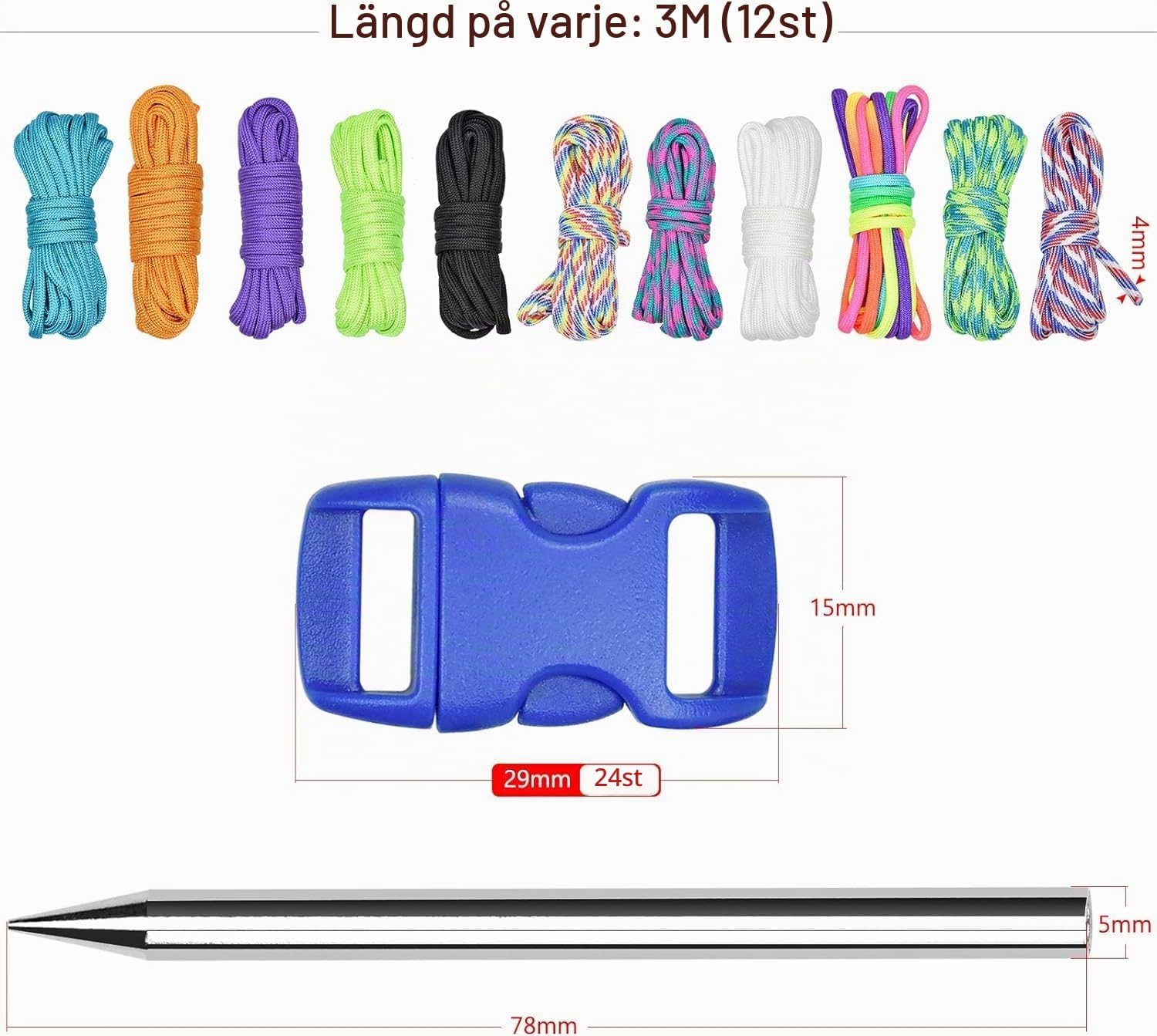 Detalle 2 de Wandefol Paracord Cord – paracordset med 12 färger och 24 spännen