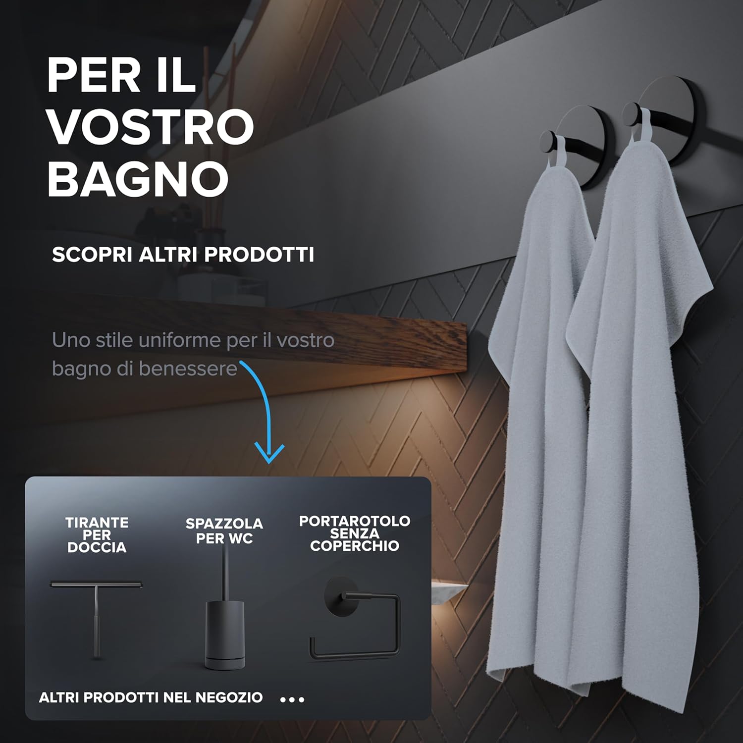 Thumbnail 4 de ovimar Gancio per Asciugamani Set di 2 in Acciaio Inox Nero – Design Moderno e Installazione Adesiva