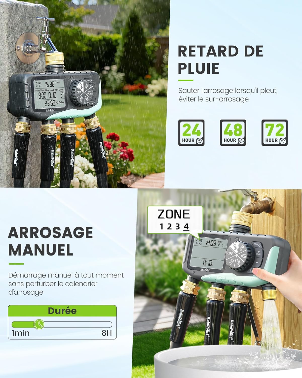 Detalle de RAINPOINT Programmateur d’arrosage 4 voies — Laiton, IP65, minuterie indépendante avec retard de pluie