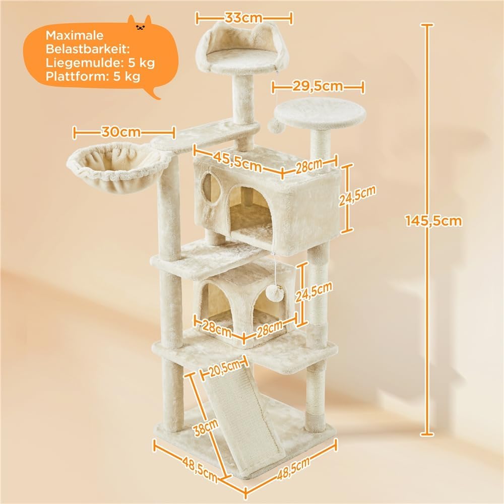 Detalle de Yaheetech Kratzbaum 145 cm mit 2 Katzenhöhlen und 3 Aussichtsplattformen (beige)
