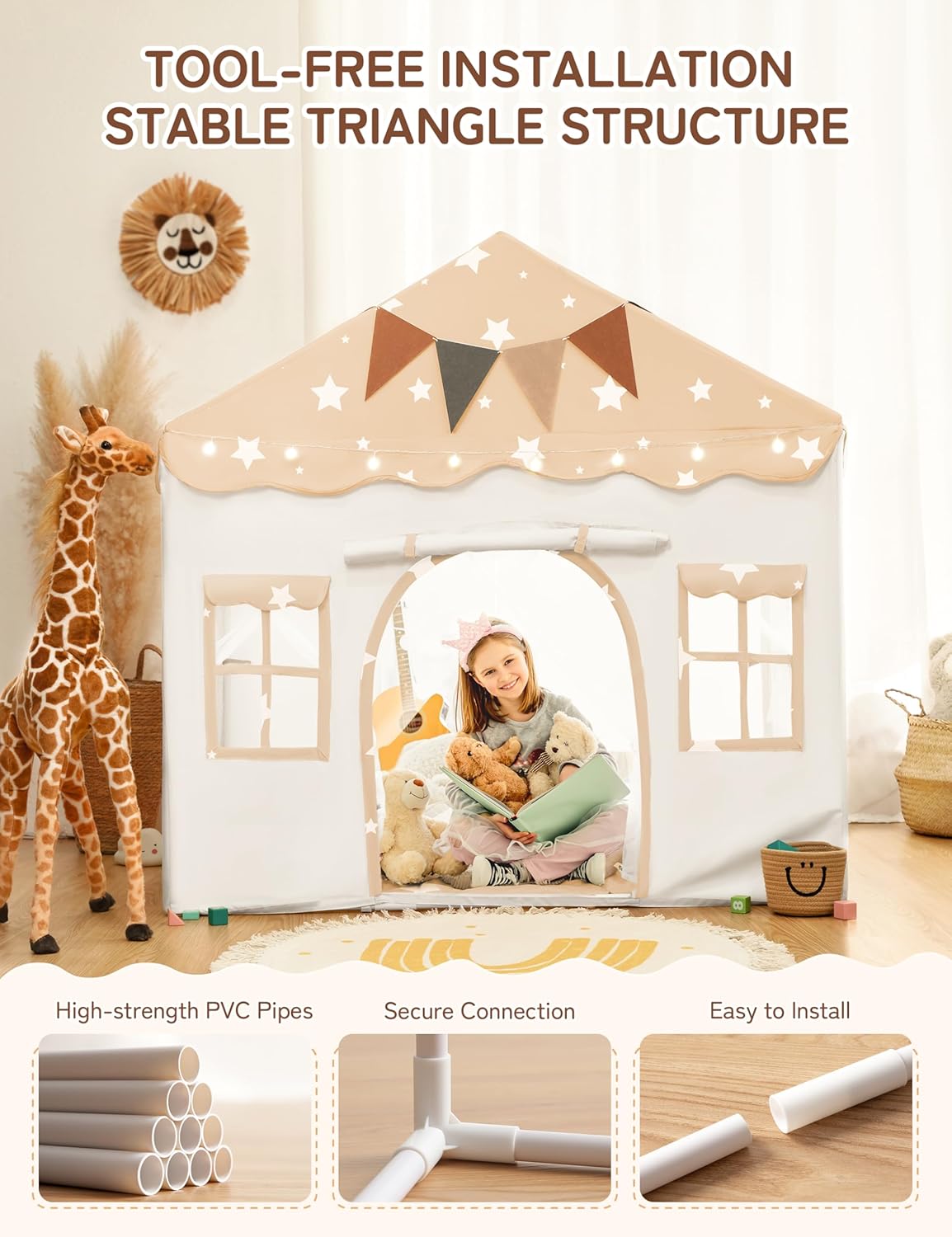 Thumbnail 3 de Besrey Kids Play Tent 2-in-1 (51 x 35 x 51 in) with Padded Mat and Lights, Double-Door Kids Playhouse