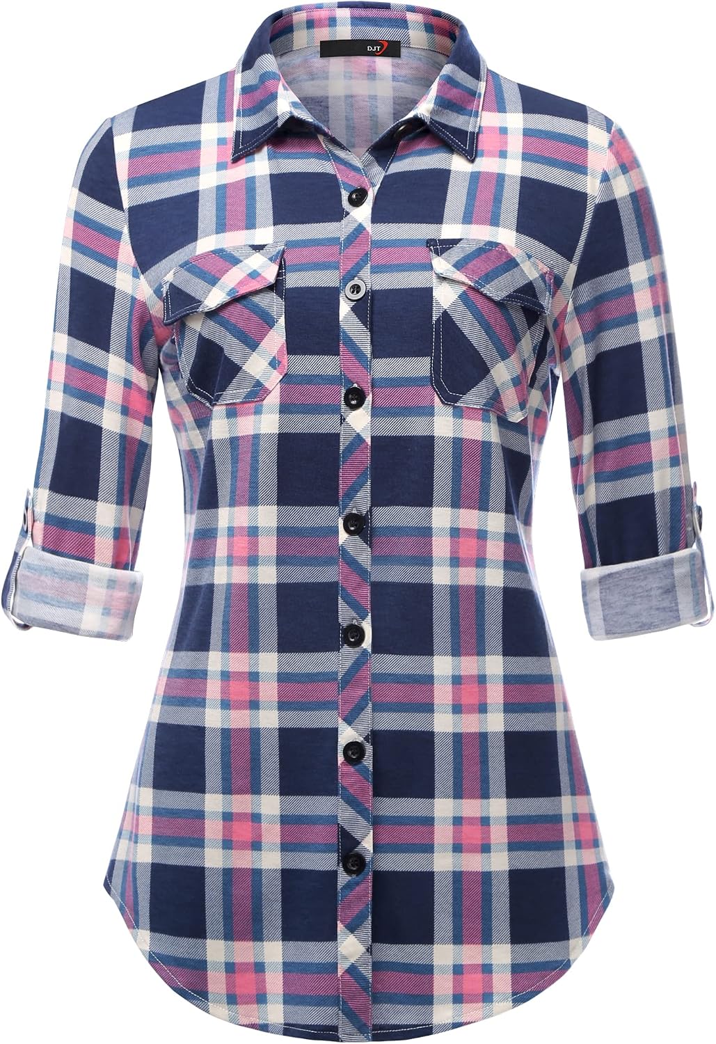Detalle 2 de DJT Damen Bluse mit kariertem Strick, Button-Down-Kragen und Roll-Up-Ärmeln (Langarm)