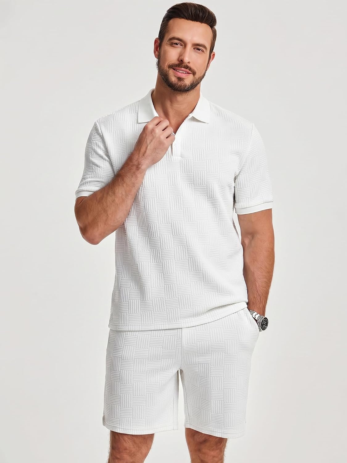 Detalle 2 de JMIERR Jogginganzug Herren Set – 2-Teiliges Sommer Trainingsanzug, Polo Shirt + Baggy Shorts