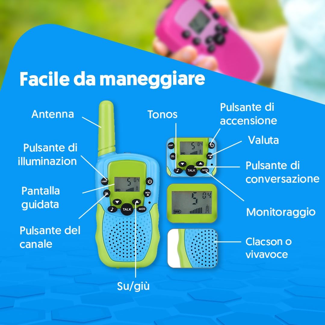 Thumbnail 6 de NK Set di 3 Walkie-Talkie per Bambini (4-9 anni) con Display LED e Torcia, 22 Canali, 3 km, Batterie Incluse