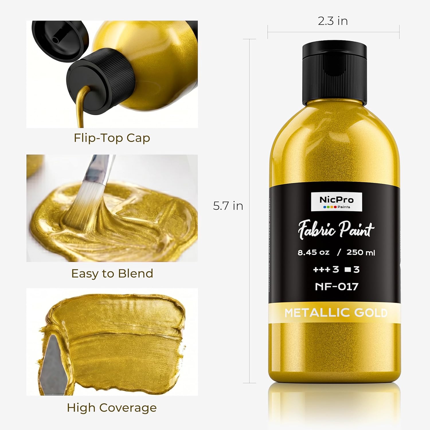 Thumbnail 1 de Nicpro Gold Fabric Paint (8.45 oz / 250 ml) – Permanent, soft non-toxic textile paint for DIY crafts