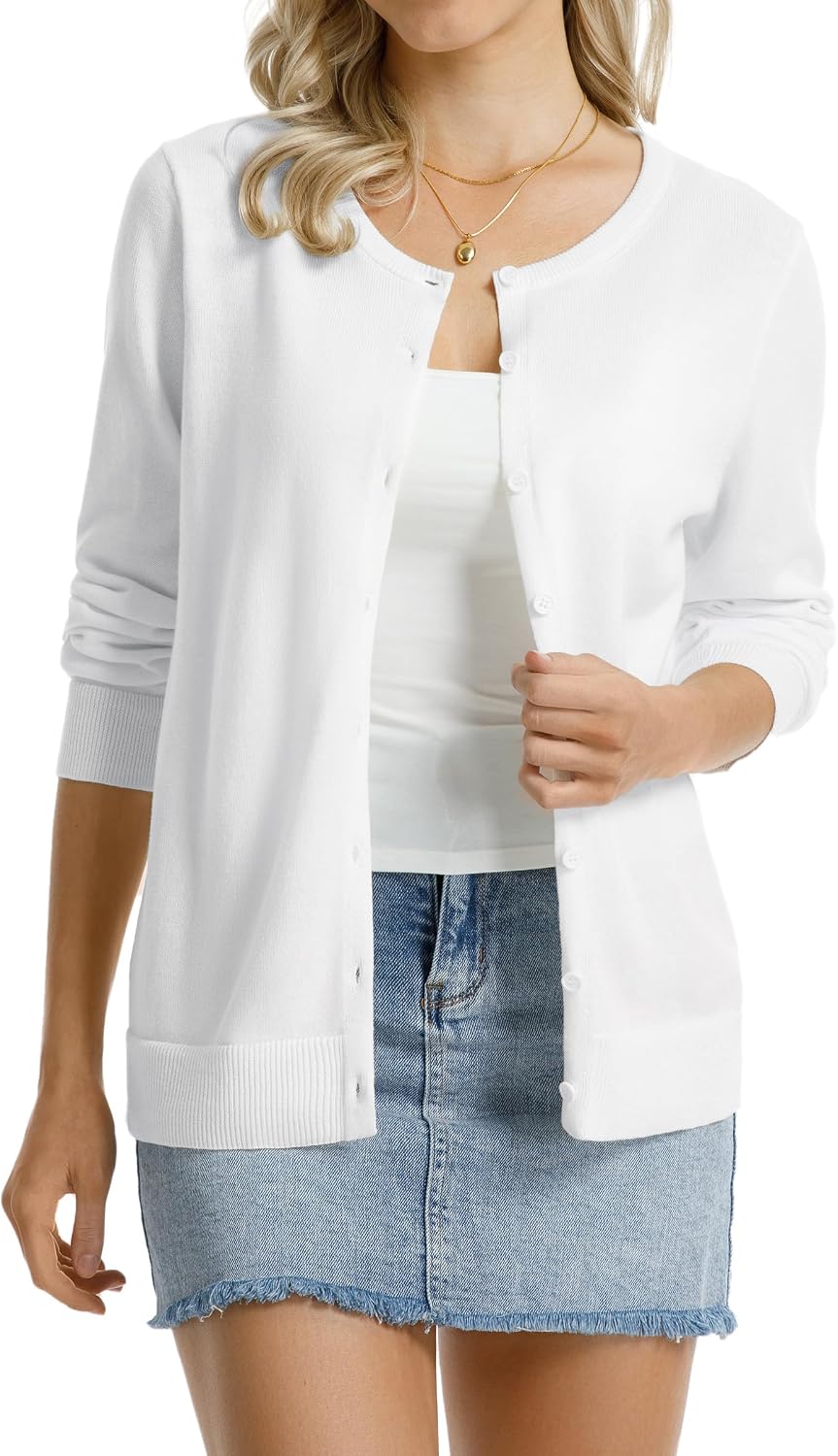Detalle de QUALFORT Women’s 100% Cotton Lightweight Cardigan (Long Sleeve, Button-Down)