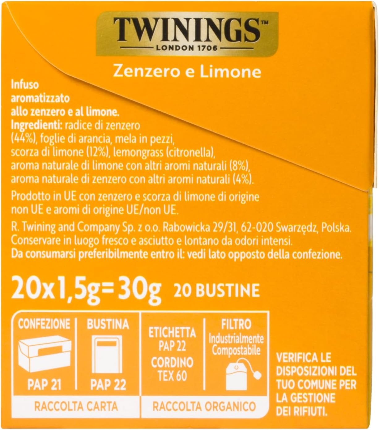 Detalle 2 de Twinings Infuso Aromatizzato Sensations Zenzero e Limone — 120 filtri, gusto frizzante e avvolgente