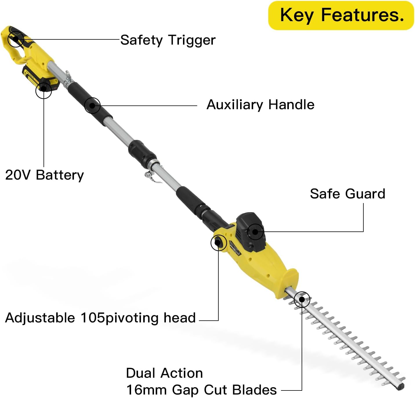 Thumbnail 4 de Cordless Pole Hedge Trimmer PHIWOS with 2.0Ah Battery & 1Hr Charger, 2Batteries, Telescopic Reach
