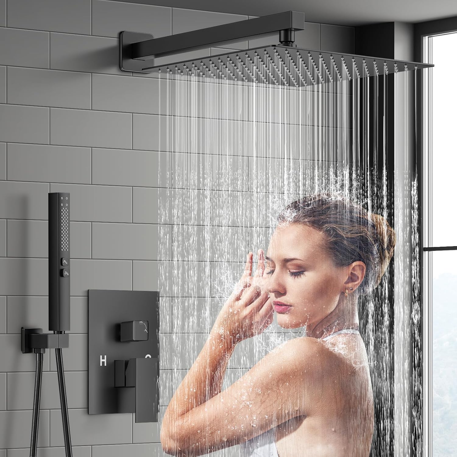 Detalle 2 de ZETETA 12-Inch Matte Black Shower Faucet Set with Rain Head and 2-in-1 Handheld Spray
