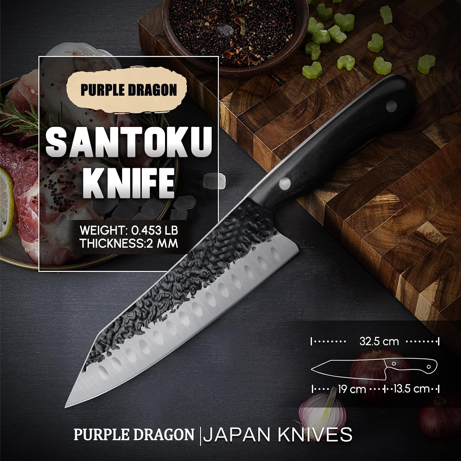 Detalle de Purple Dragon Santoku-Messer mit ATS-34