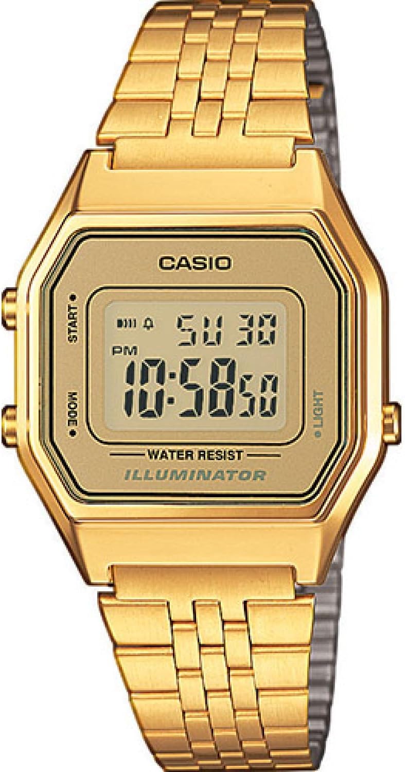 Detalle de Casio LA680WEGA-9ER Damen Digitaluhr – Edelstahl, LED-Licht und Kalenderfunktion