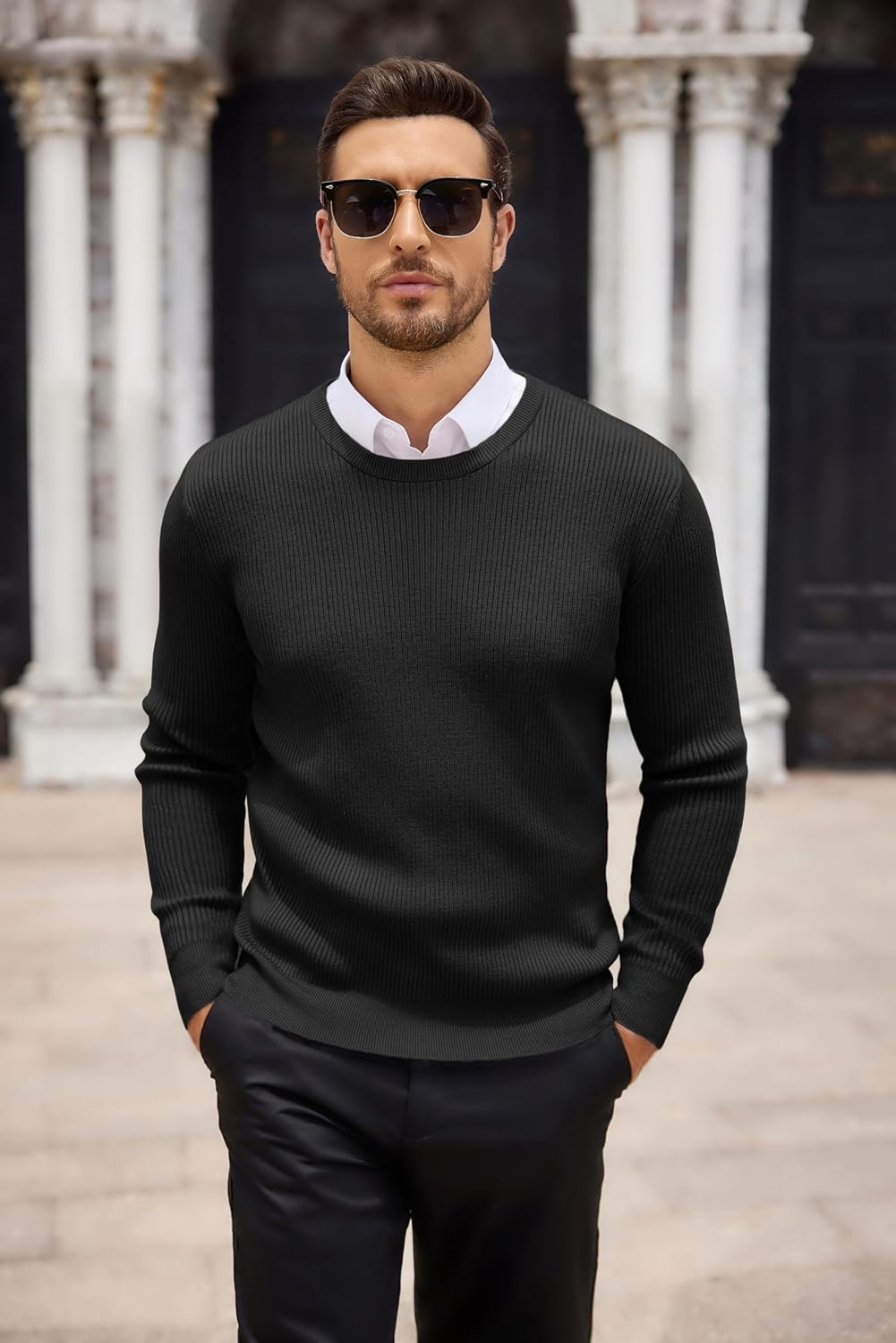 Detalle de COOFANDY Herren Rundhals Pullover Basic aus Feinstrick – Business-Strickpullover mit geripptem Kragen