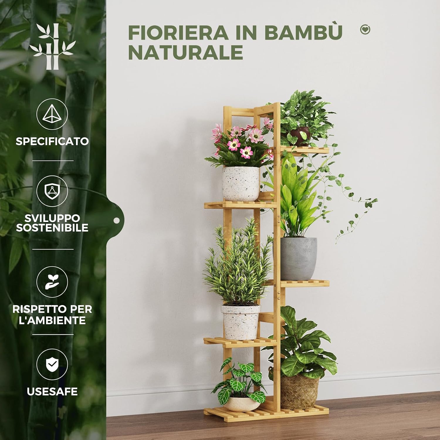 Thumbnail 2 de Bamworld Porta Piante da Interno in Bambu Naturale: Scaffale a 5 Livelli per Vasi e Fioriere