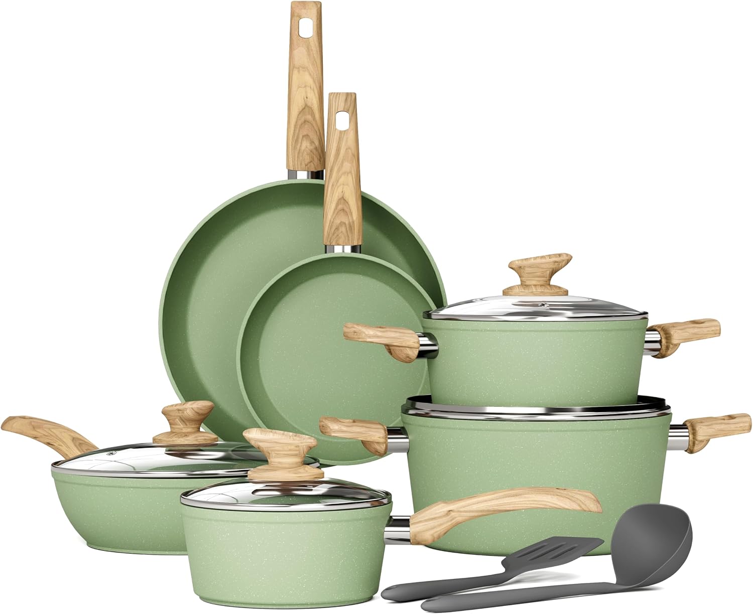 DishDelight Induction Pots and Pans Set (Nonstick Granite, 12-Piece) in Green