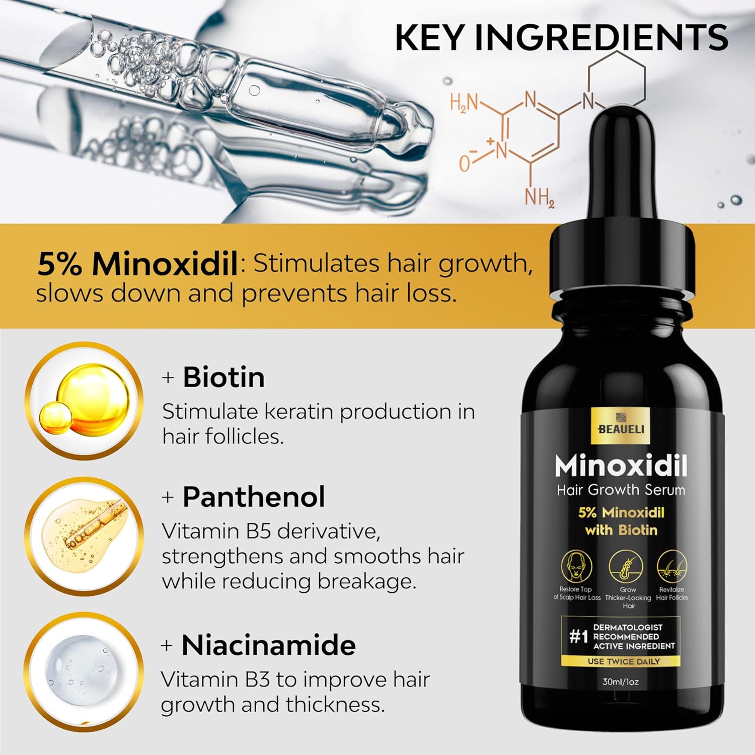 Detalle de Beaueli 5% Minoxidil for Men and Women (Unscented Drops, 3 Fl Oz, 3 Bottles) for Hair & Beard Growth