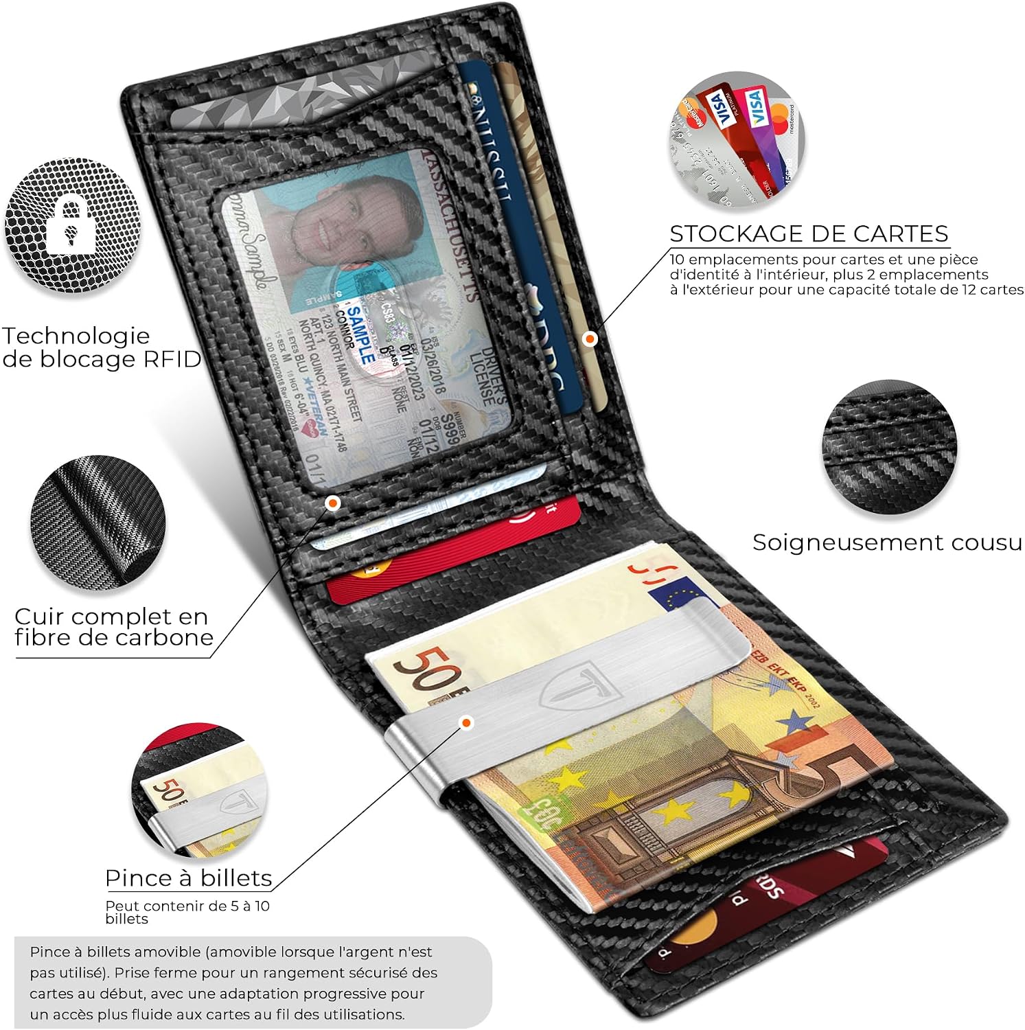 Detalle 2 de TEEHON Portefeuille Slim Cuir Fibre de Carbone 11 cartes