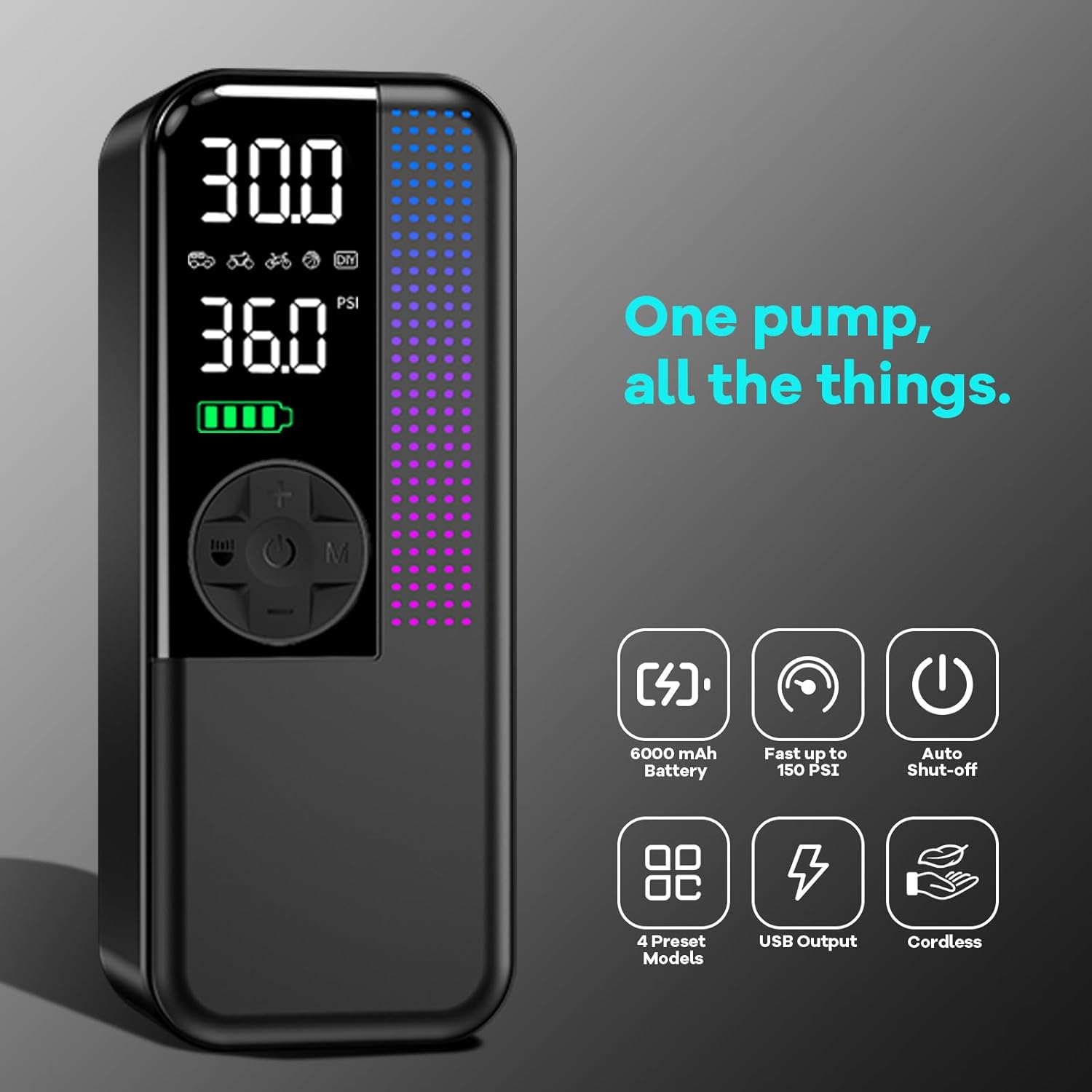 Detalle 2 de Portable Tire Inflator 150 PSI, 6000mAh Cordless ⛽