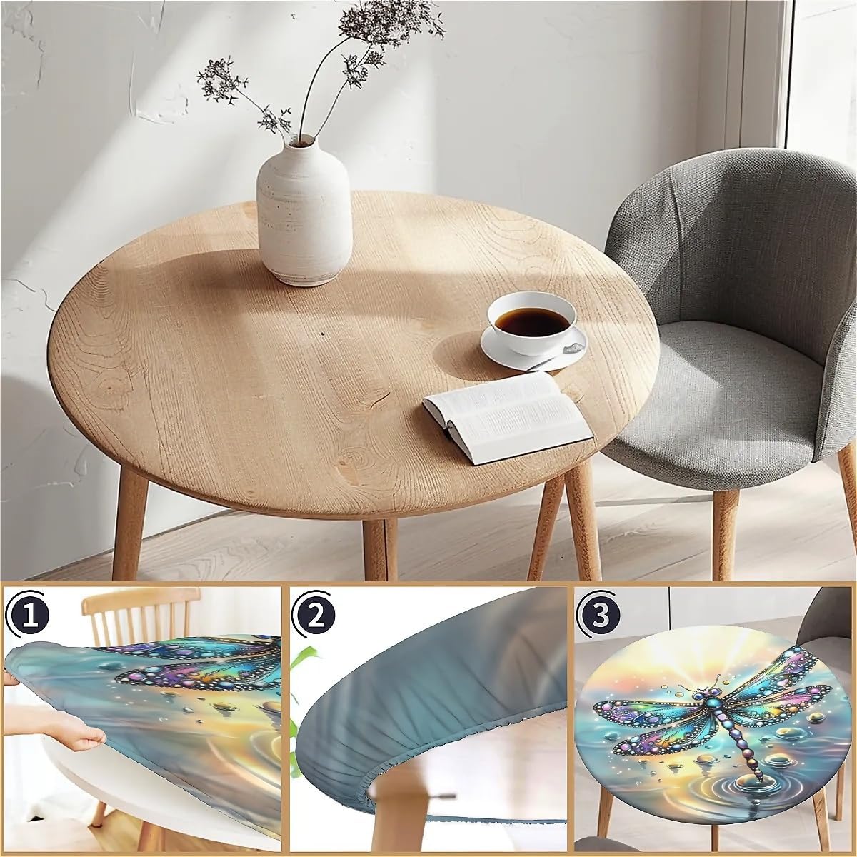 Detalle de artslion Outdoor Round Tablecloth with Elastic Band 44In (110Cm) — Wipe Clean, Diamond Dragonfly