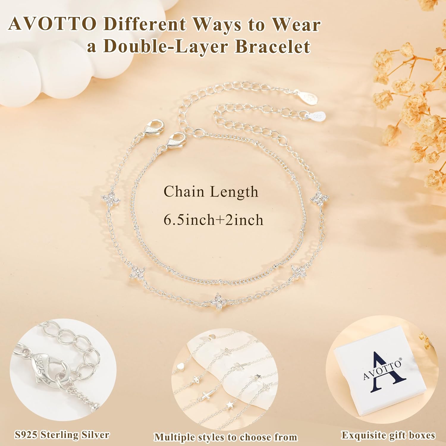 Thumbnail 3 de Avotto 925 Silber Armband für Damen & Mädchen (doppelte, stackbare Schmuckarmbänder)