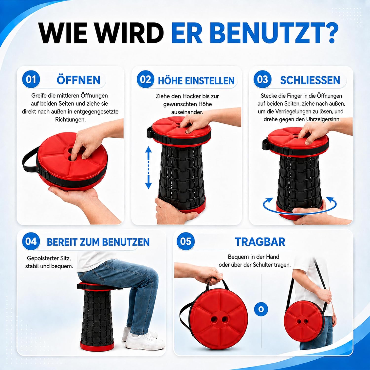 Thumbnail 6 de HAPPY DAYS Klappbarer Hocker Campinghocker 2026 – gepolsterter Sitz, höhenverstellbar, belastbar bis 280 kg