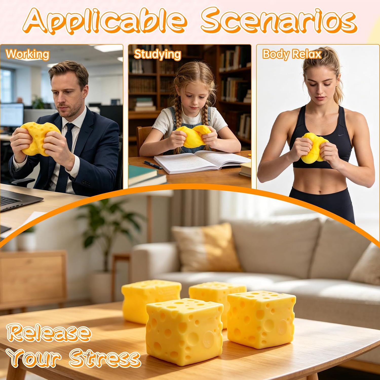 Detalle 2 de IKKAB Big Cheese Squishy Stress Ball, 3.9-Inch BPA-Free TPR, Slow Rebound