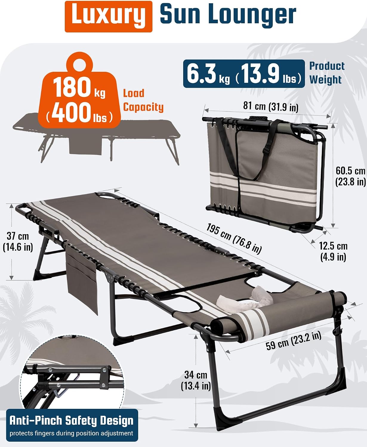 Thumbnail 1 de KingCamp Sun Lounger with Face Hole (up to 180 kg) – 5-position folding tanning chair for garden and beach