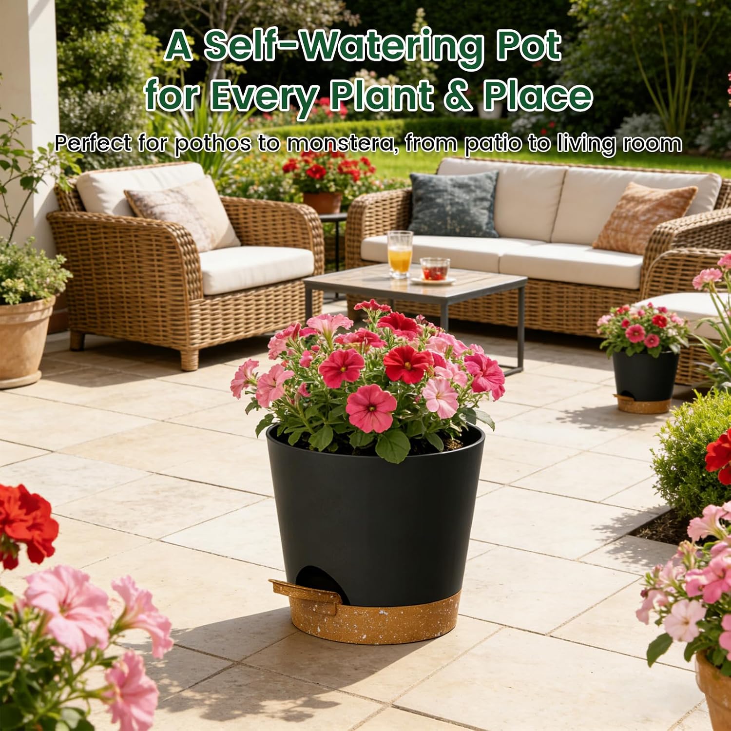 Thumbnail 4 de WSMKSZ 30 cm Large Self Watering Plant Pots – 2 Pack with Drainage Holes & Deep Reservoirs (Cotton Wick) in Black/Brown