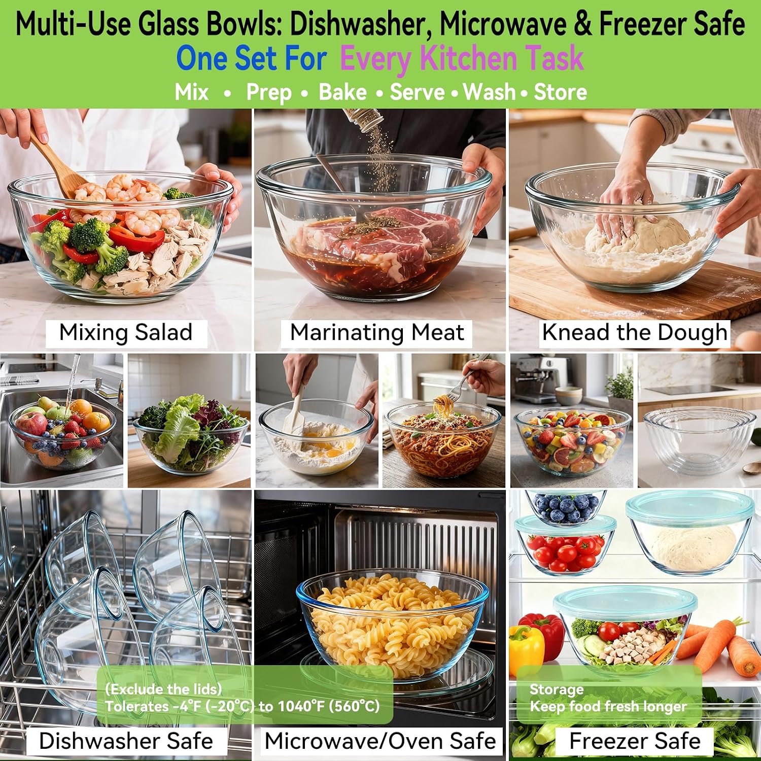 Detalle 2 de YUANYE 5 Pack Glass Mixing Bowls with Lids Set (5/2.5/1.5/0.9/0.6QT) with Nesting Design