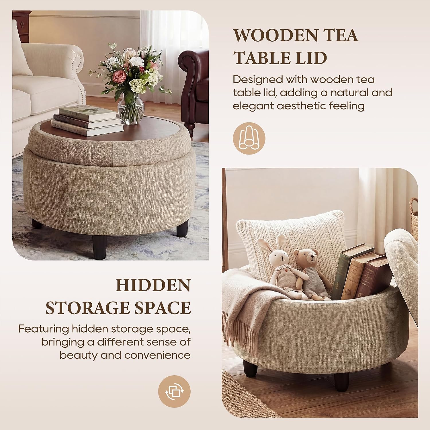 Detalle de COLAMY VC-K311-CAM-FB Round Storage Ottoman with Reversible Tray Lid, Camel
