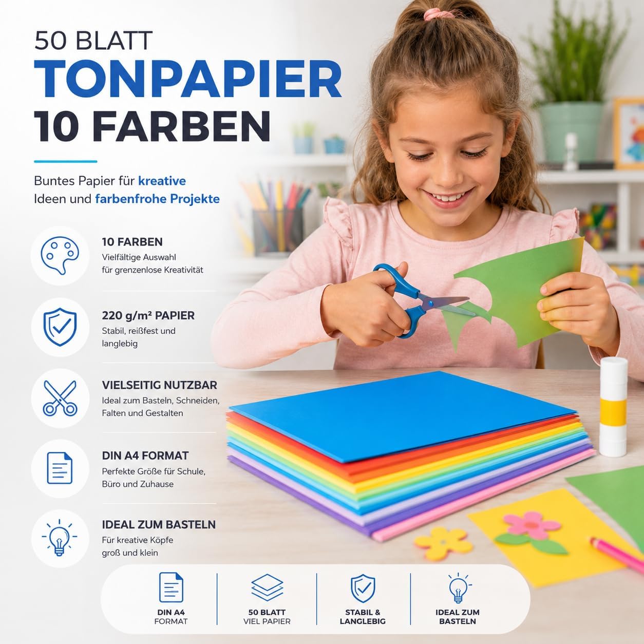 Thumbnail 2 de 50 Blatt A4 Tonpapier 220 g/m² in 10 Farben – Bastelpapier & Tonkarton