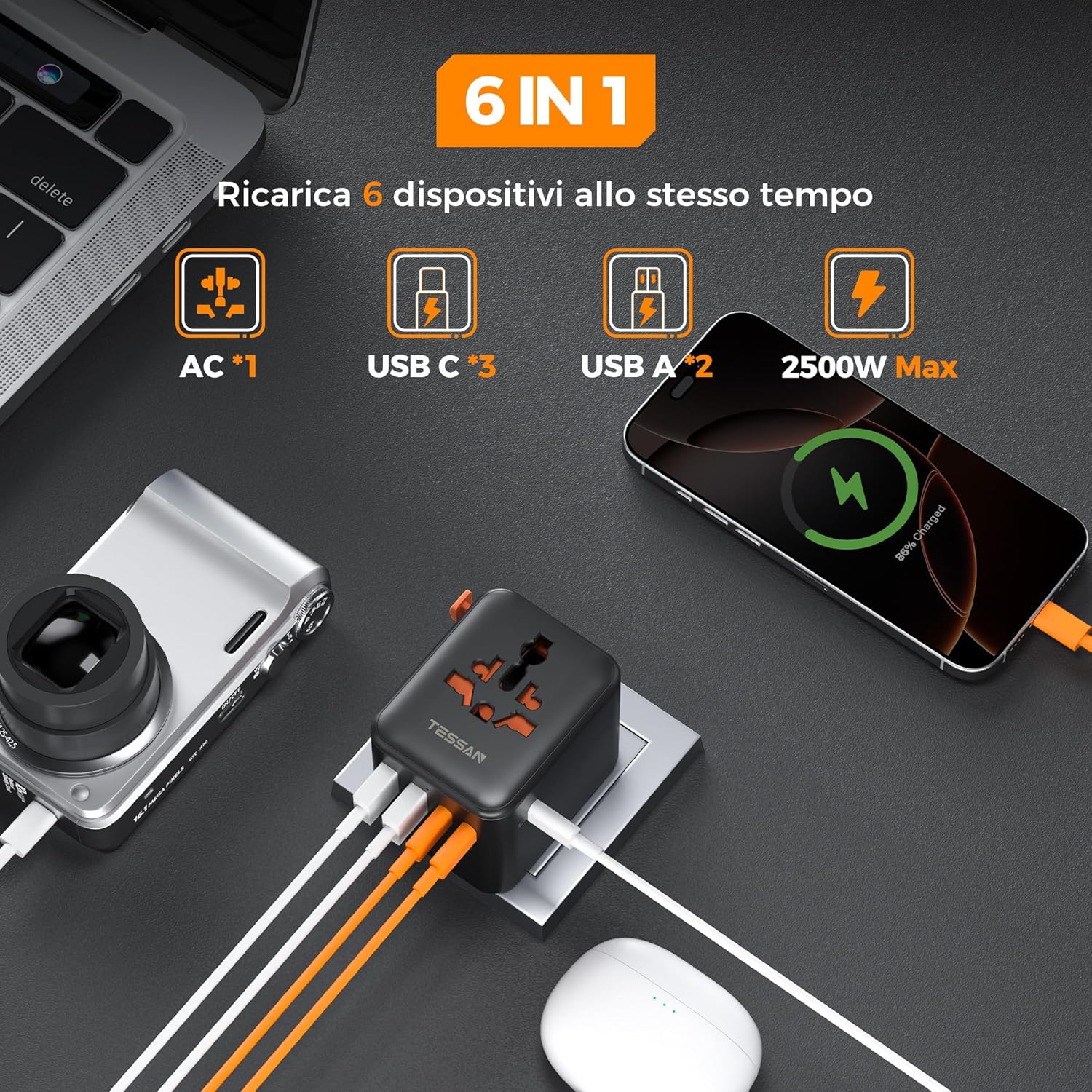 Detalle de TESSAN Adattatore Universale da Viaggio 28 W con 3 USB-C e 2 USB-A – Spina EU/US/UK/AU, Nero