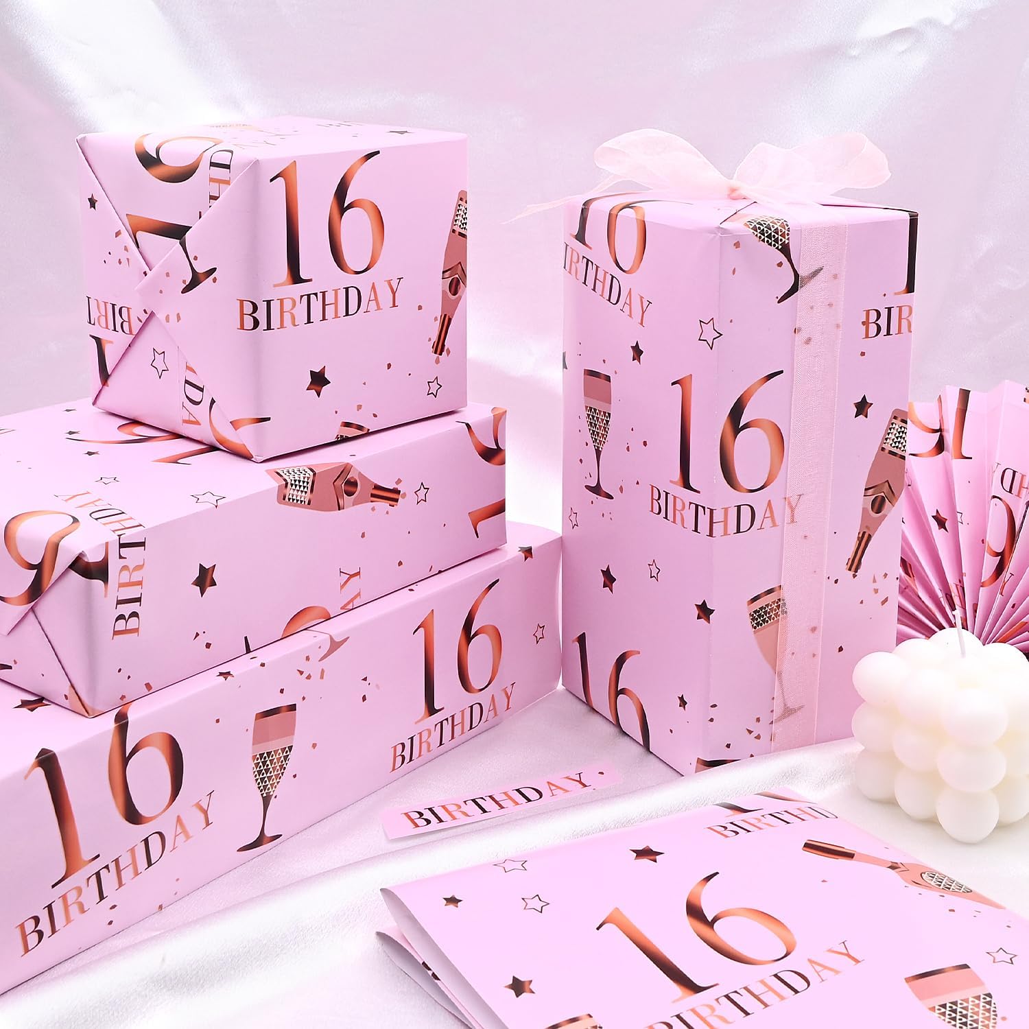 Thumbnail 2 de QRTDXP Pink Gift Wrapping Paper Sheets for 16th Birthday (5 x 50 × 70 cm) – Rose Gold Design