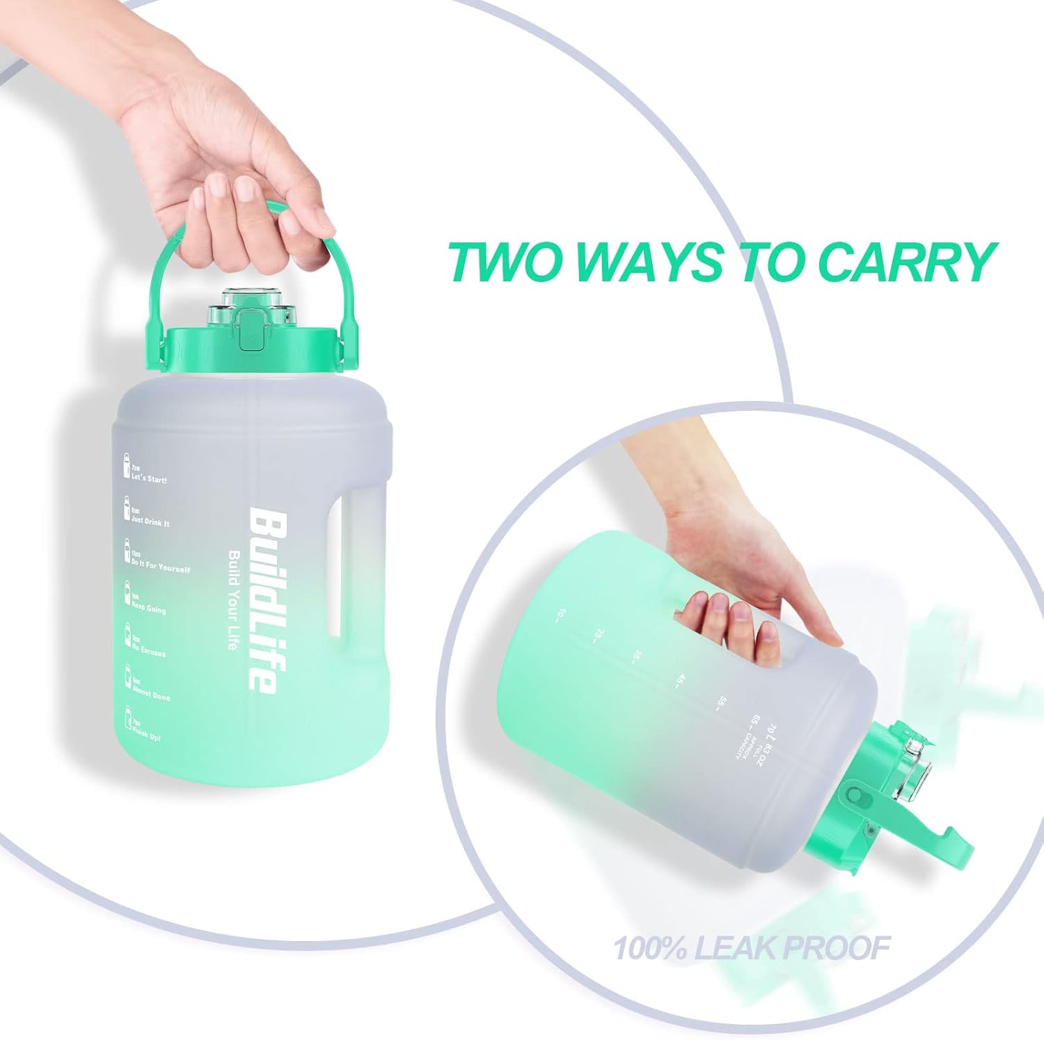Detalle de BuildLife 2-in-1 Straw & Flip Cap 2.5 L Water Bottle with Time Markings (Purple/Green) – BPA Free, Wide Mouth