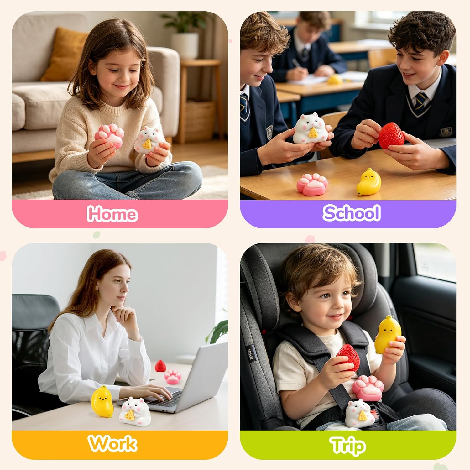 Thumbnail 5 de Taba Squishy Toys 4 Pack – Slow Rising Sensory Squishies for Stress Relief and Focus (Strawberry, Hamster, Cat Paw, Banana)
