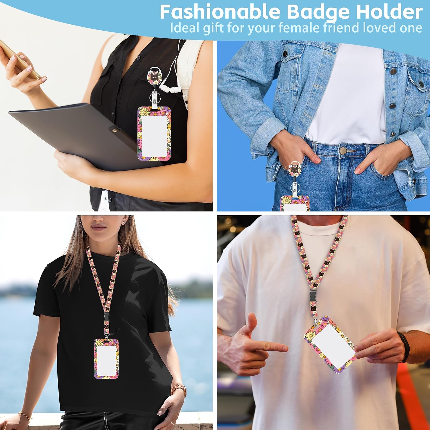 Thumbnail 1 de Retractable ID Badge Holder with Black Cat Flower Design