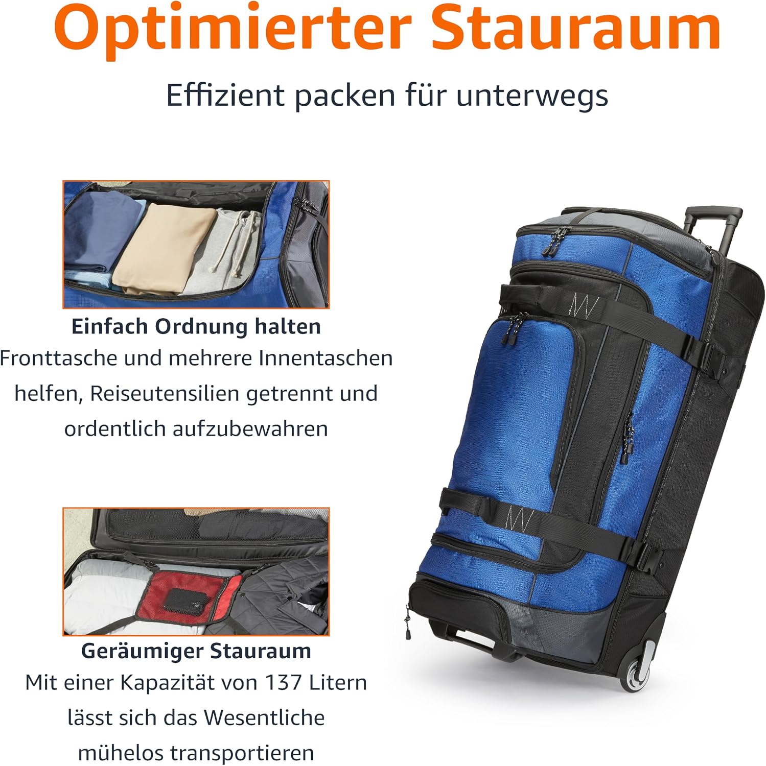 Detalle de Amazon Basics Reisetasche mit Rollen, 137 L – robuster Trolley aus Ripstop-Gewebe, Blau