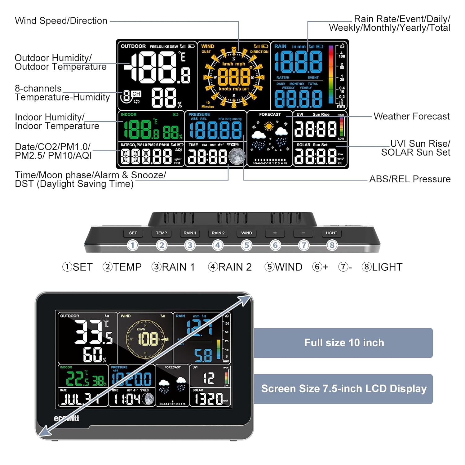 Thumbnail 3 de Ecowitt WS3900 Station météo Wi-Fi 7 en 1 + Console intérieure 7,5" LCD couleur