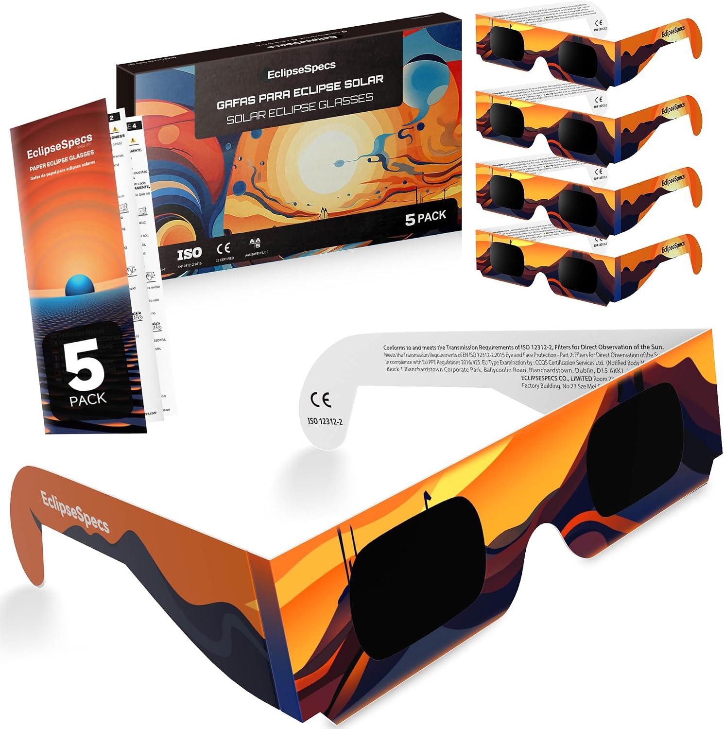 Detalle de Gafas Eclipse Specs: Pack de 3/5/10/25 gafas para observación solar con certificación ISO 12312-2 y CE