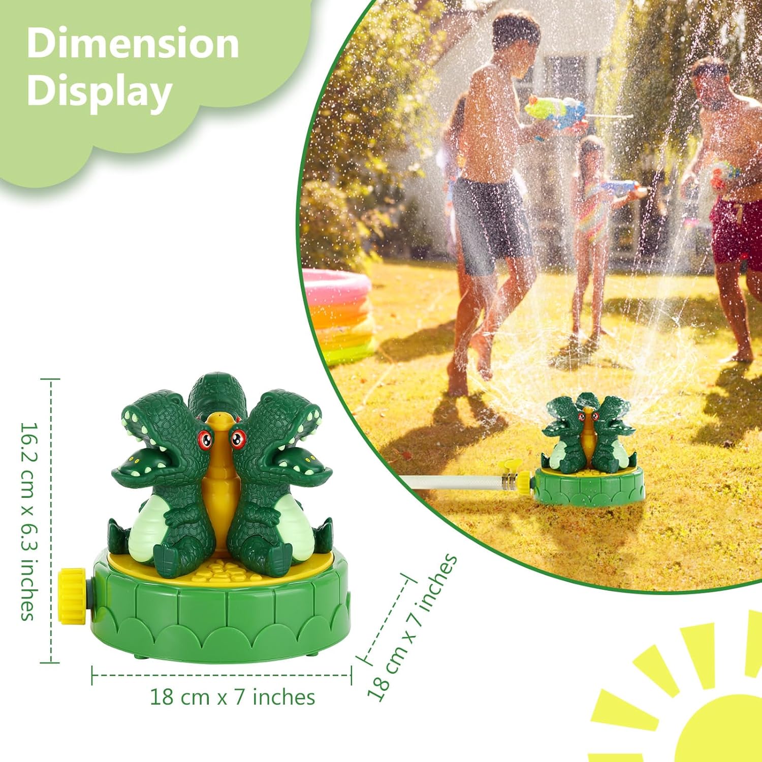 Thumbnail 1 de MoKo Dinosaur Sprinkler for Kids – 360° outdoor water spray toy with hose clamps, green