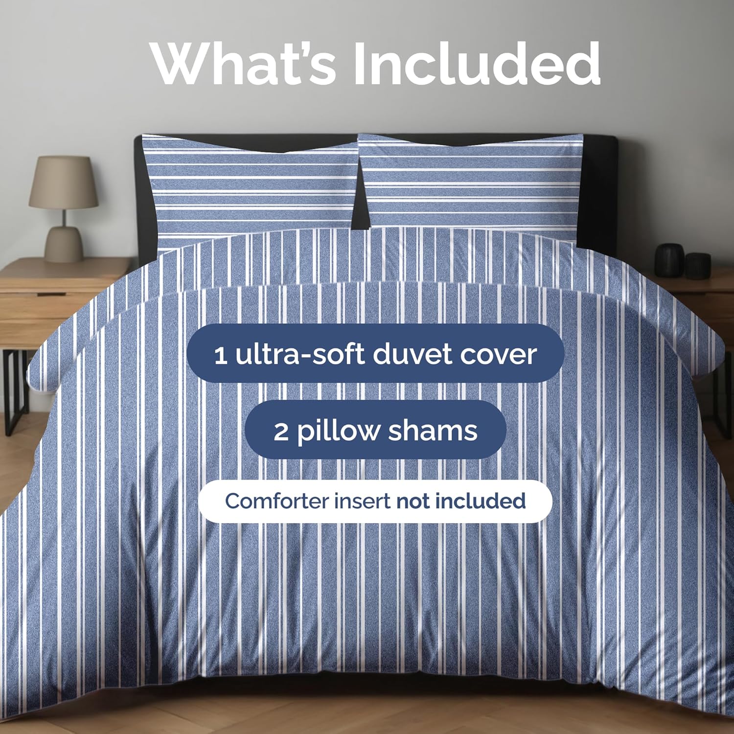 Detalle 2 de Duvet Cover Full Size Set: Ultra-Soft 80x90 with 2 Shams in Blue Stripes