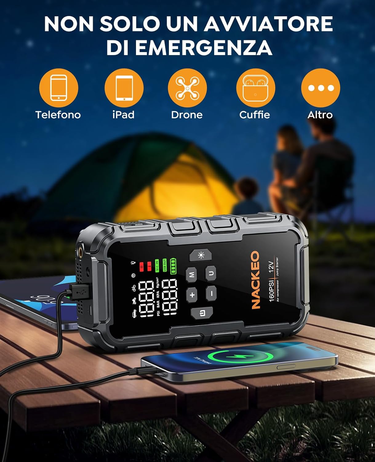 Detalle 2 de NACKEO Avviatore Batteria Auto con Compressore 160 PSI e 8000A: potenza immediata e utilità all-in-one
