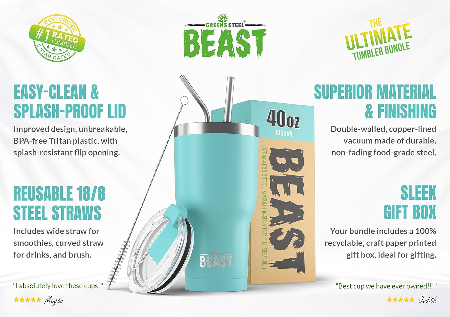 Thumbnail 1 de Beast 40 oz Tumbler: Aquamarine Blue Stainless Steel Vacuum Insulated Travel Flask