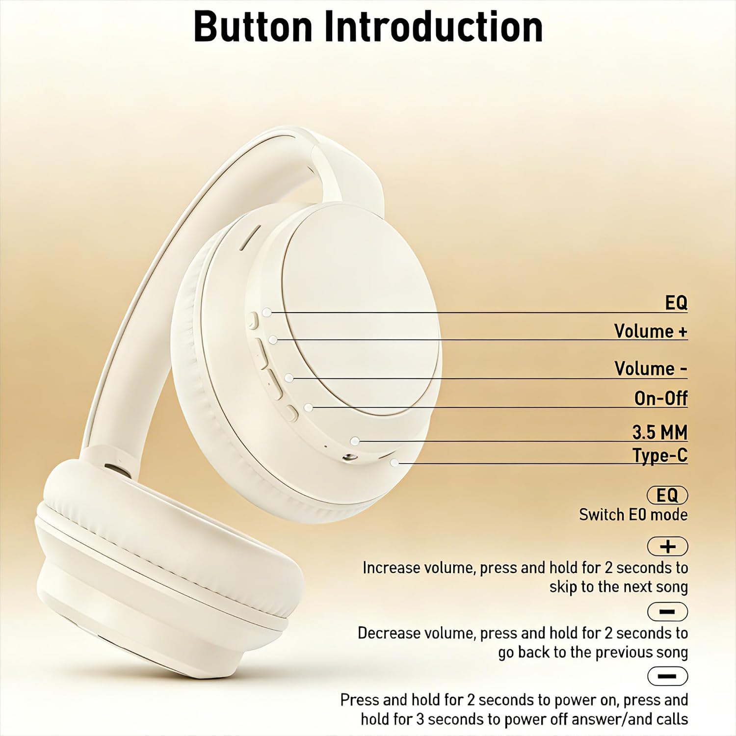 Thumbnail 5 de Rebocico Bluetooth Over-Ear Headphones (White) with 40H Playtime, 3 EQ Modes, and Microphone