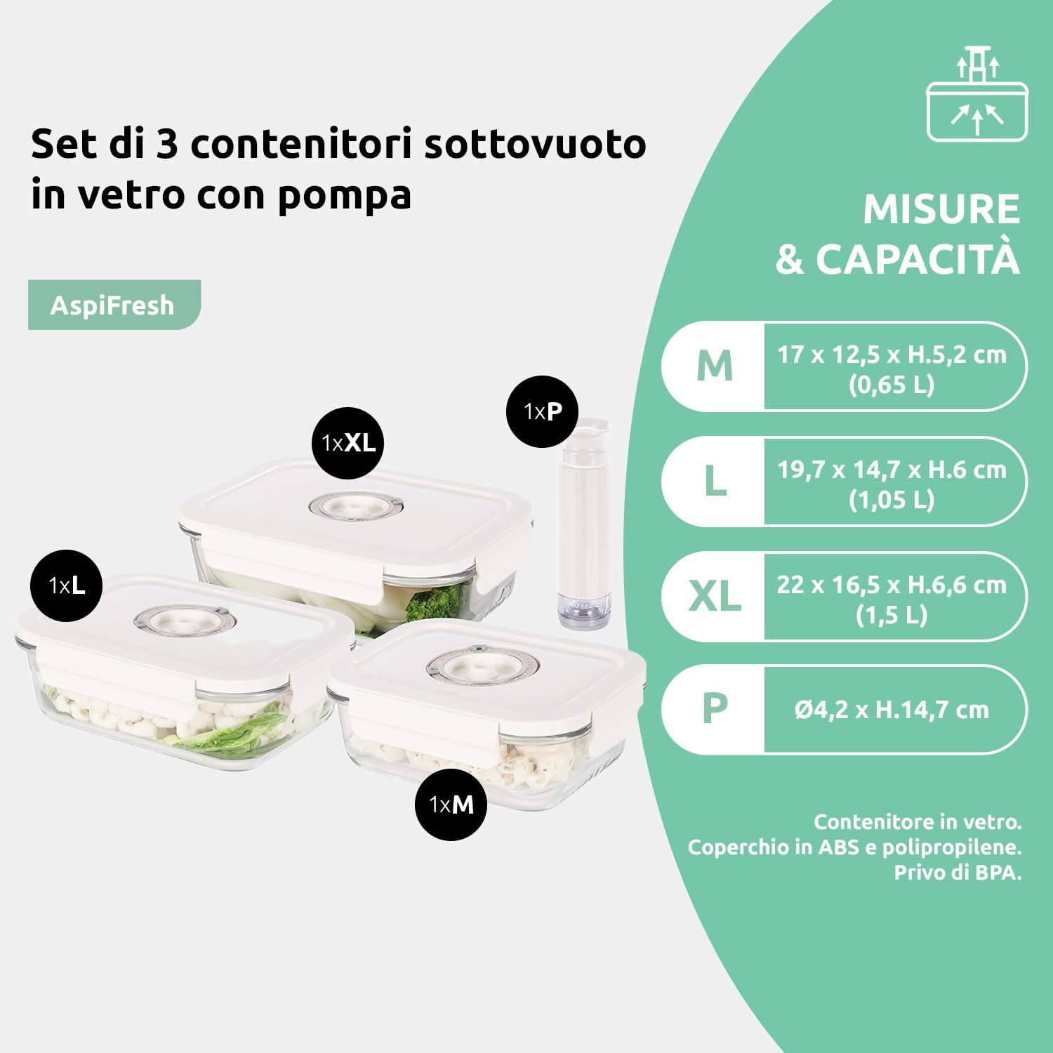 Detalle 2 de Set di 3 contenitori sottovuoto in vetro con datario e coperchio ermetico + pompa manuale