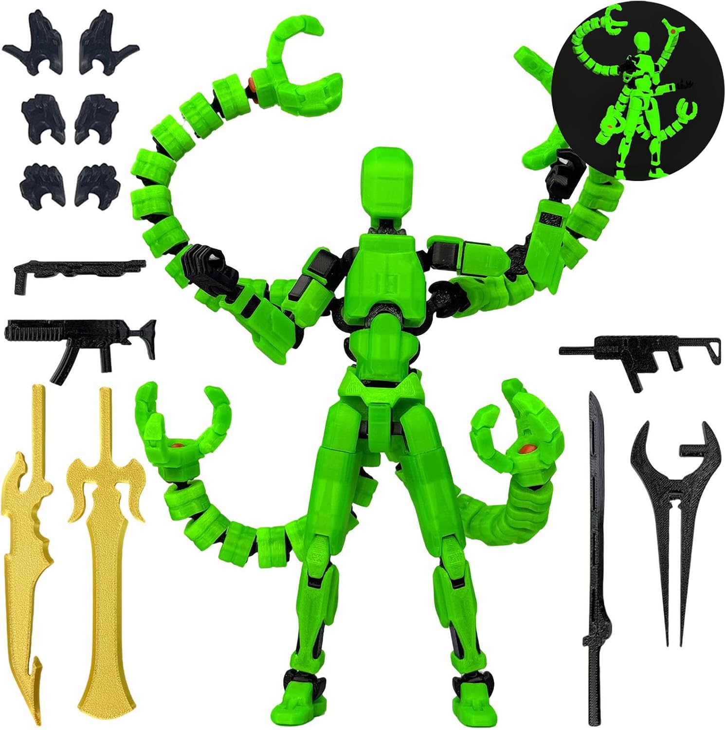 Detalle de PkghoKids 13 3D-Printed Robot Action Figure, 7.2-Inch Luminous Green