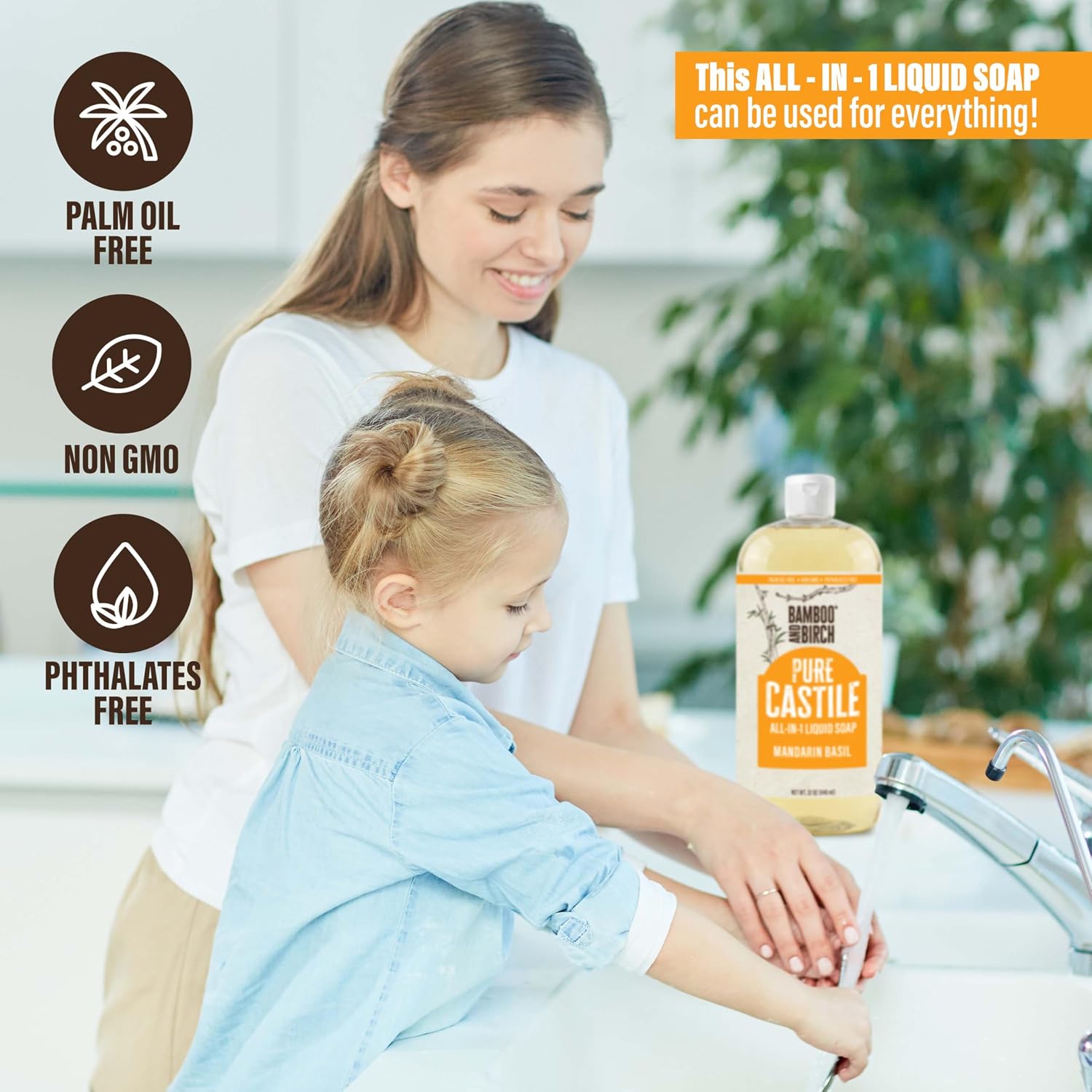 Detalle de BAMBOO AND BIRCH Pure Castile Soap Liquid, Mandarin Basil, 32 oz