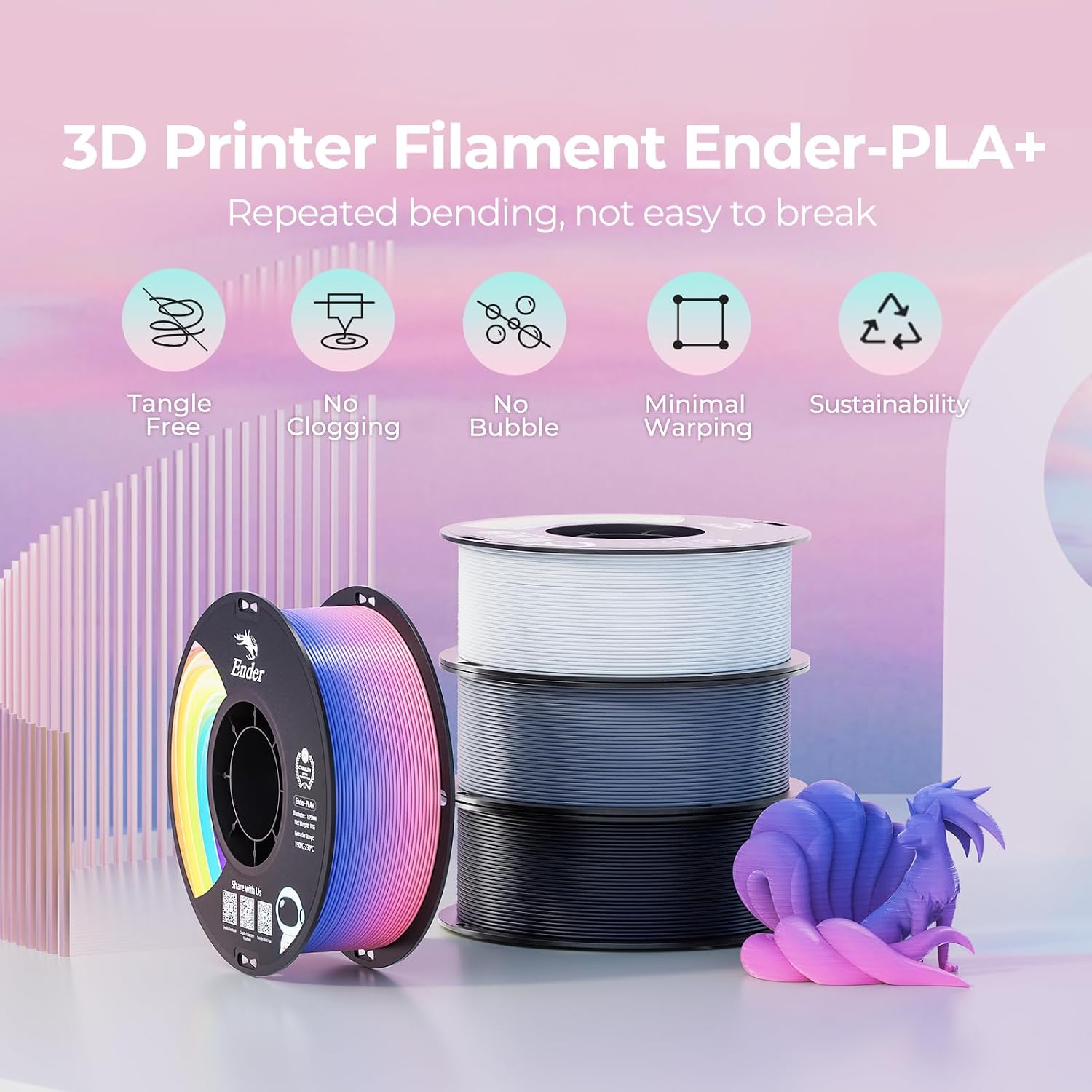 Detalle 2 de Creality Farbverlauf PLA Filament 1,75 mm – Regenbogen Ender PLA+ 4 kg Spule (±0,02 mm) für stabile 3D-Drucke