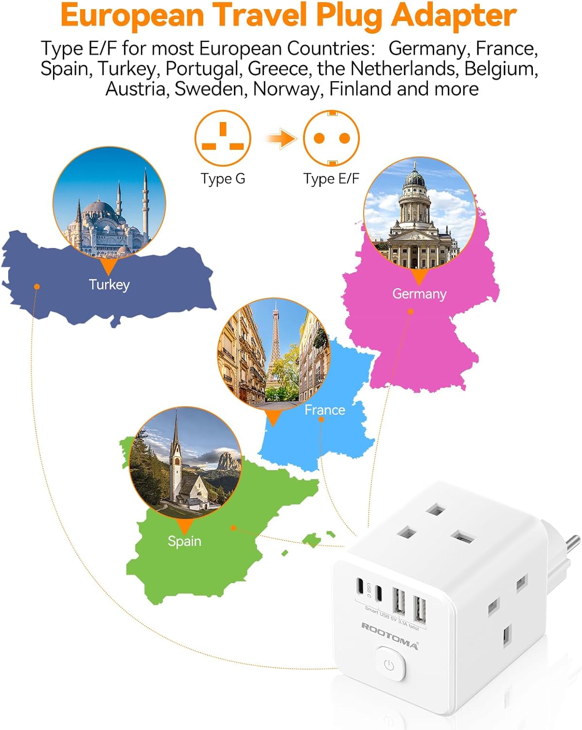 Thumbnail 2 de UK to European Plug Adapter with 4 USB Ports (2 USB-C) – 7-in-1 Cube for Europe